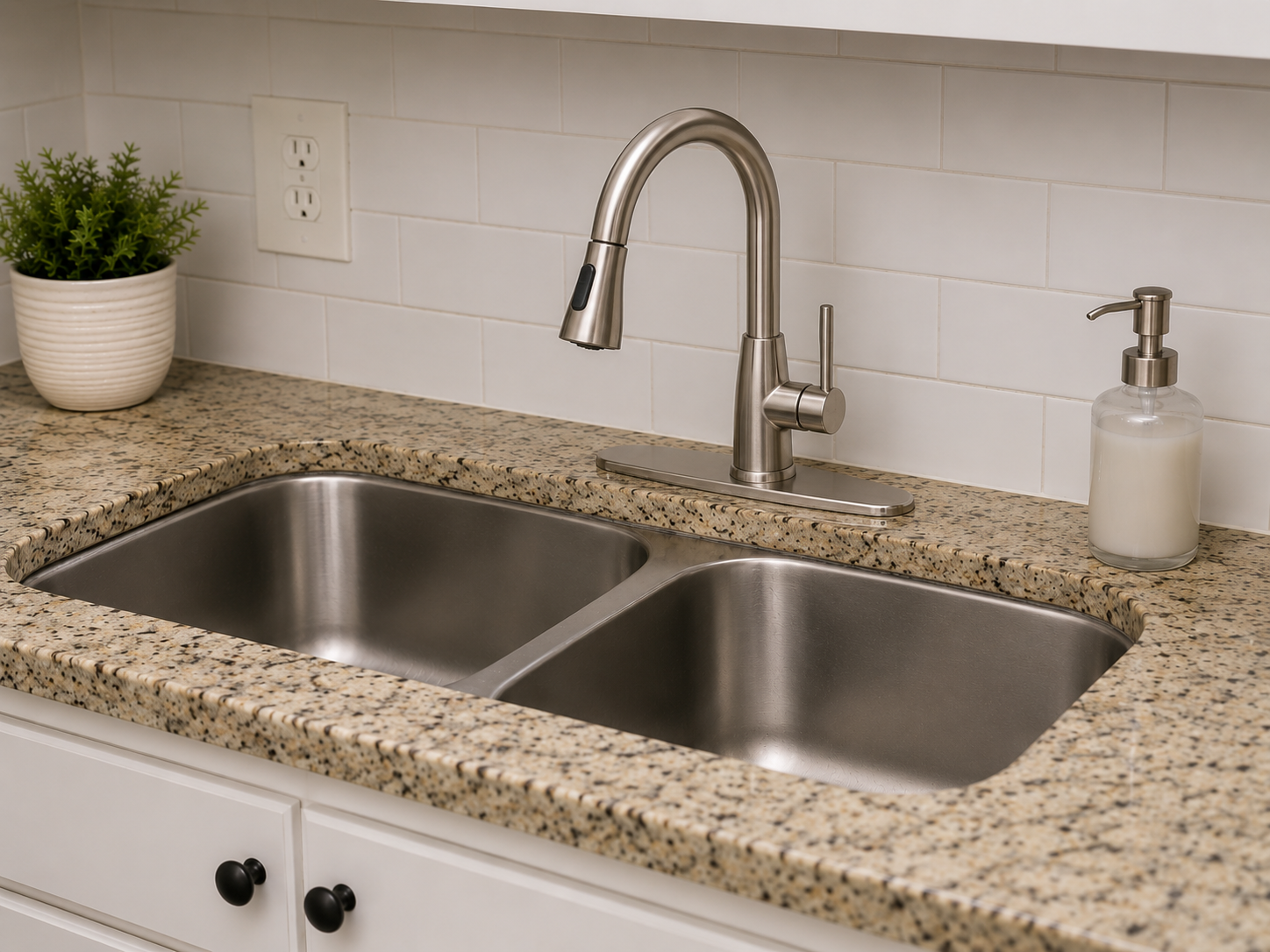 Kitchen sink after faucet replacement with brushed nickel pull-down fixture in Mount Holly