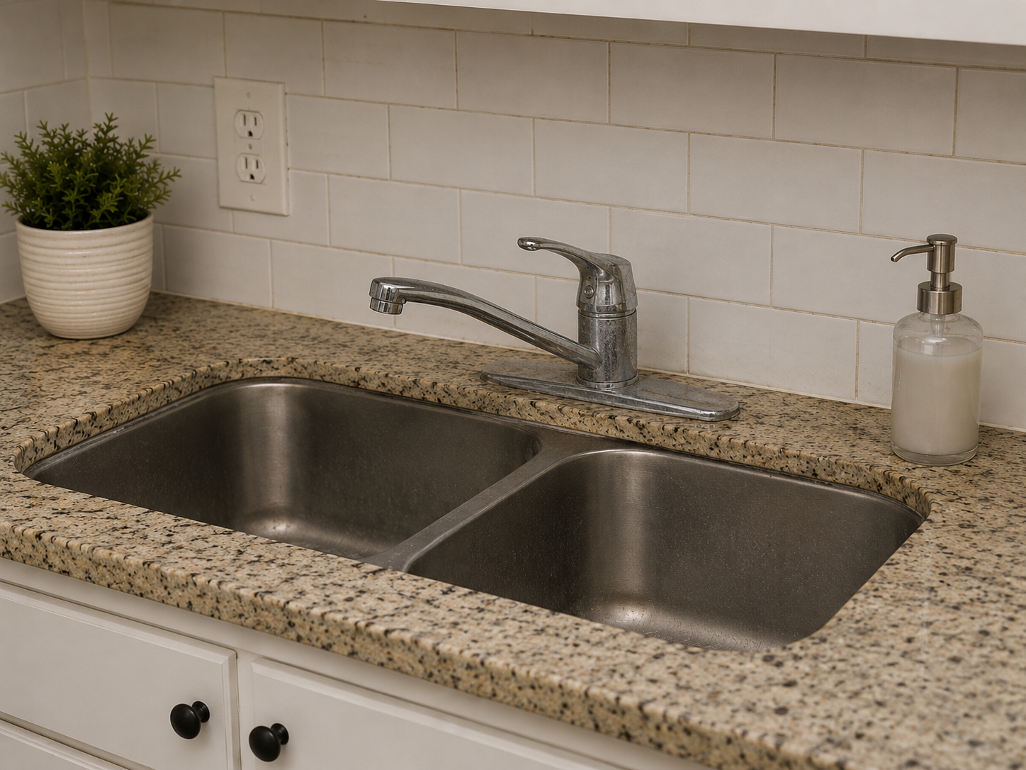 Kitchen sink before faucet replacement with older chrome fixture in Mount Holly