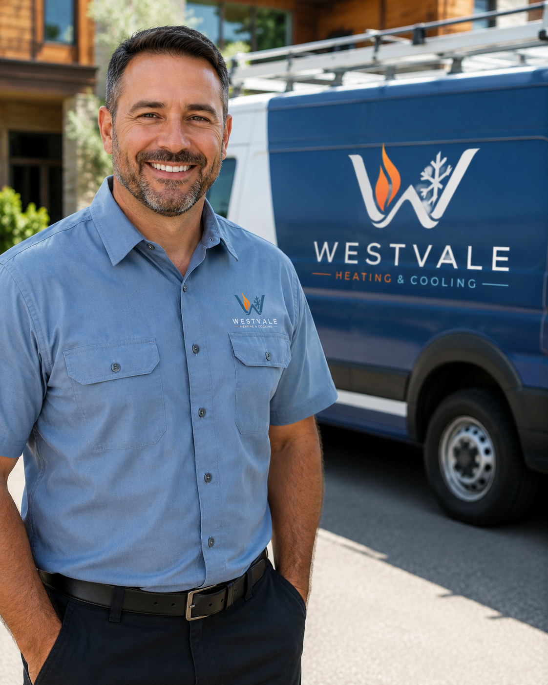 Dave Russo, founder and lead technician at Westvale Heating & Cooling, standing in front of a service van in a Mercer County driveway