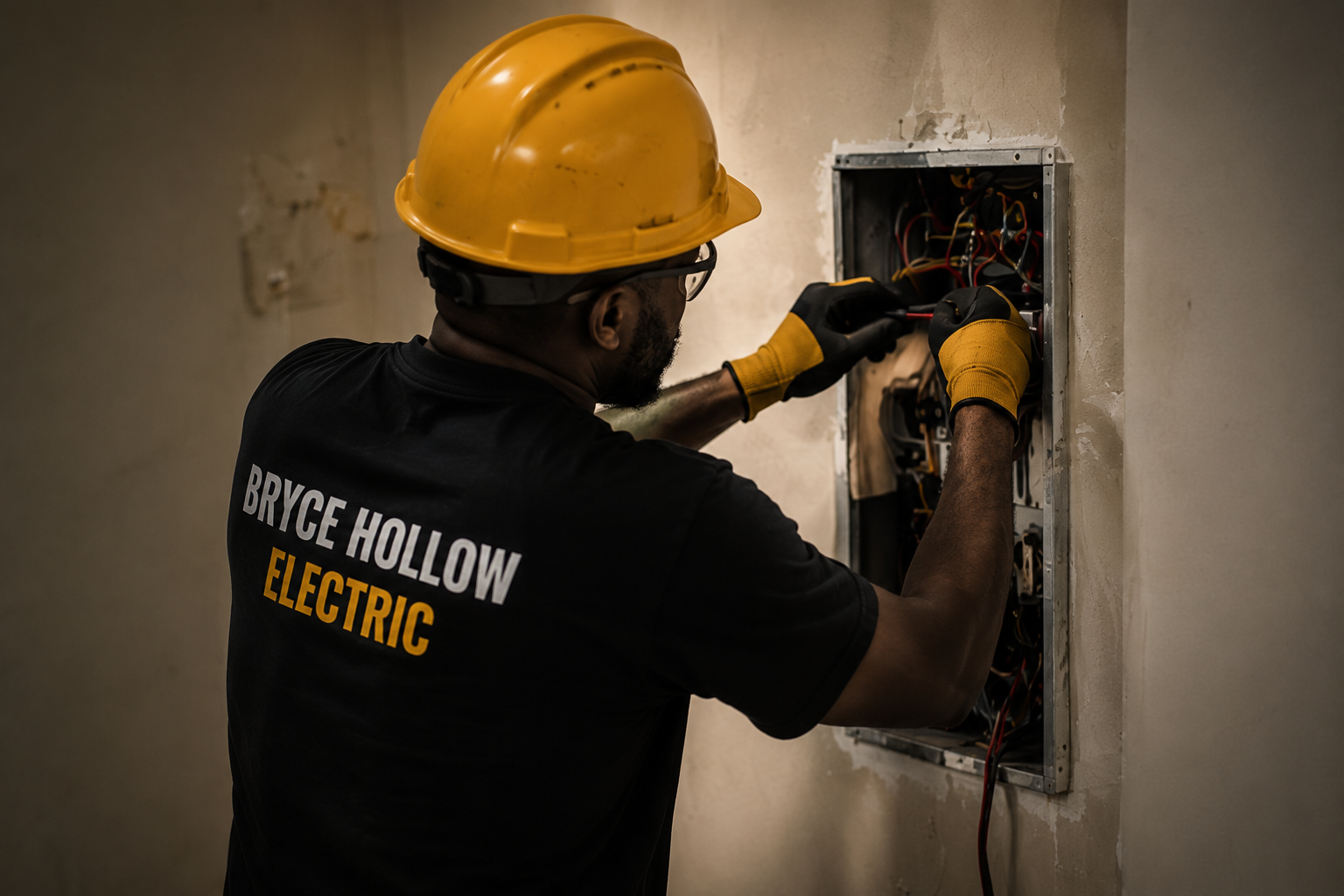 Bryce Hollow Electric technician wiring an electrical panel on the job