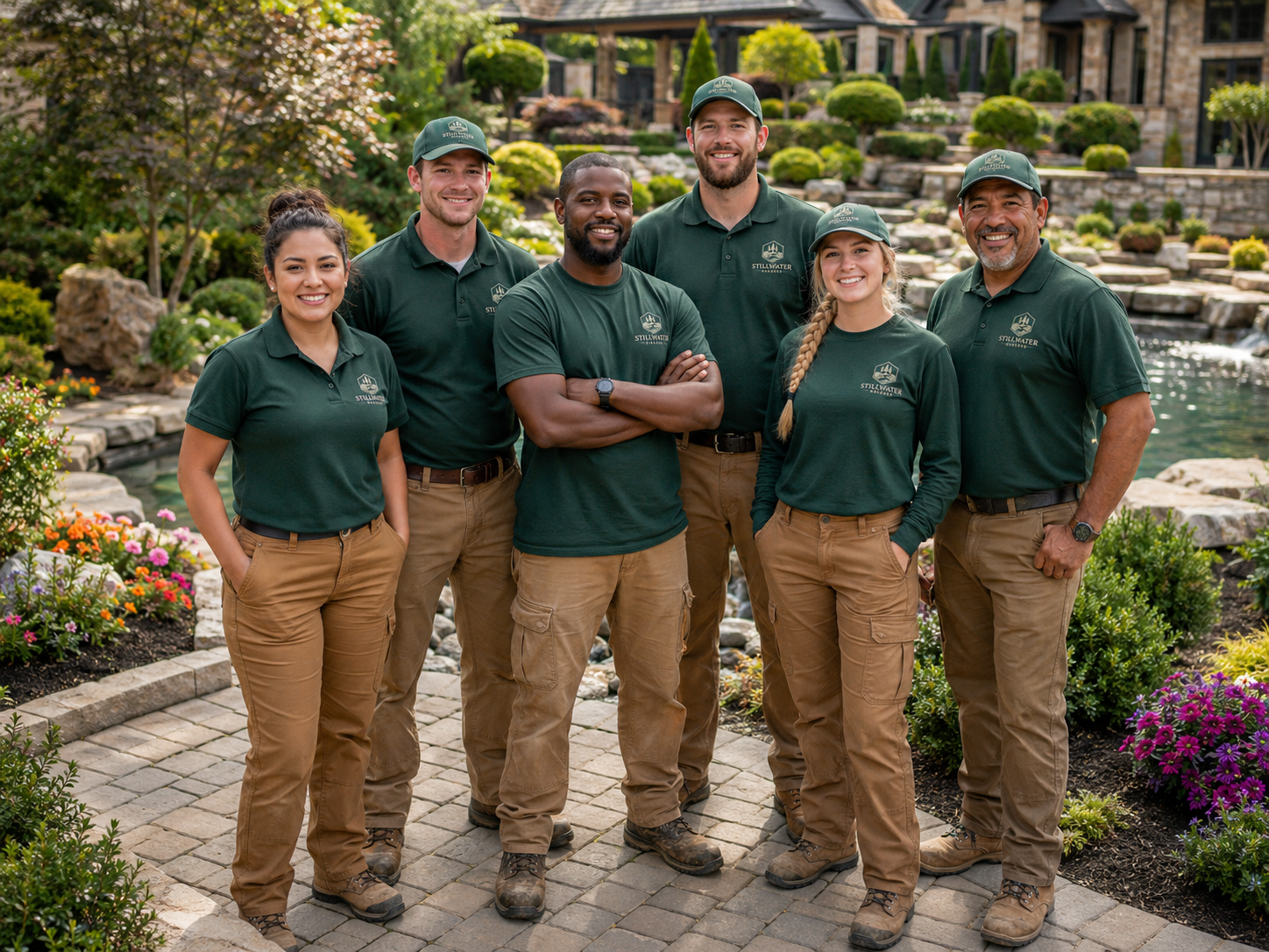 The Stillwater Greens crew of six in branded green shirts, standing together in front of a finished backyard landscape and pond in Gloucester County, NJ