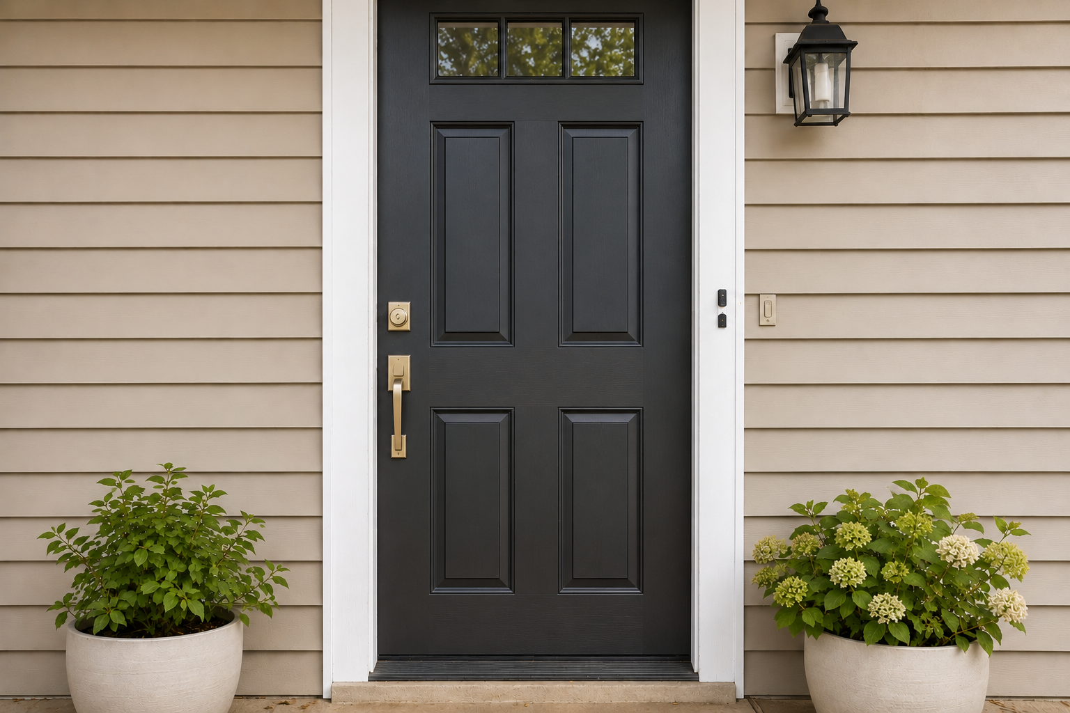 Front door after refresh with smooth dark finish and updated brass hardware in Hainesport