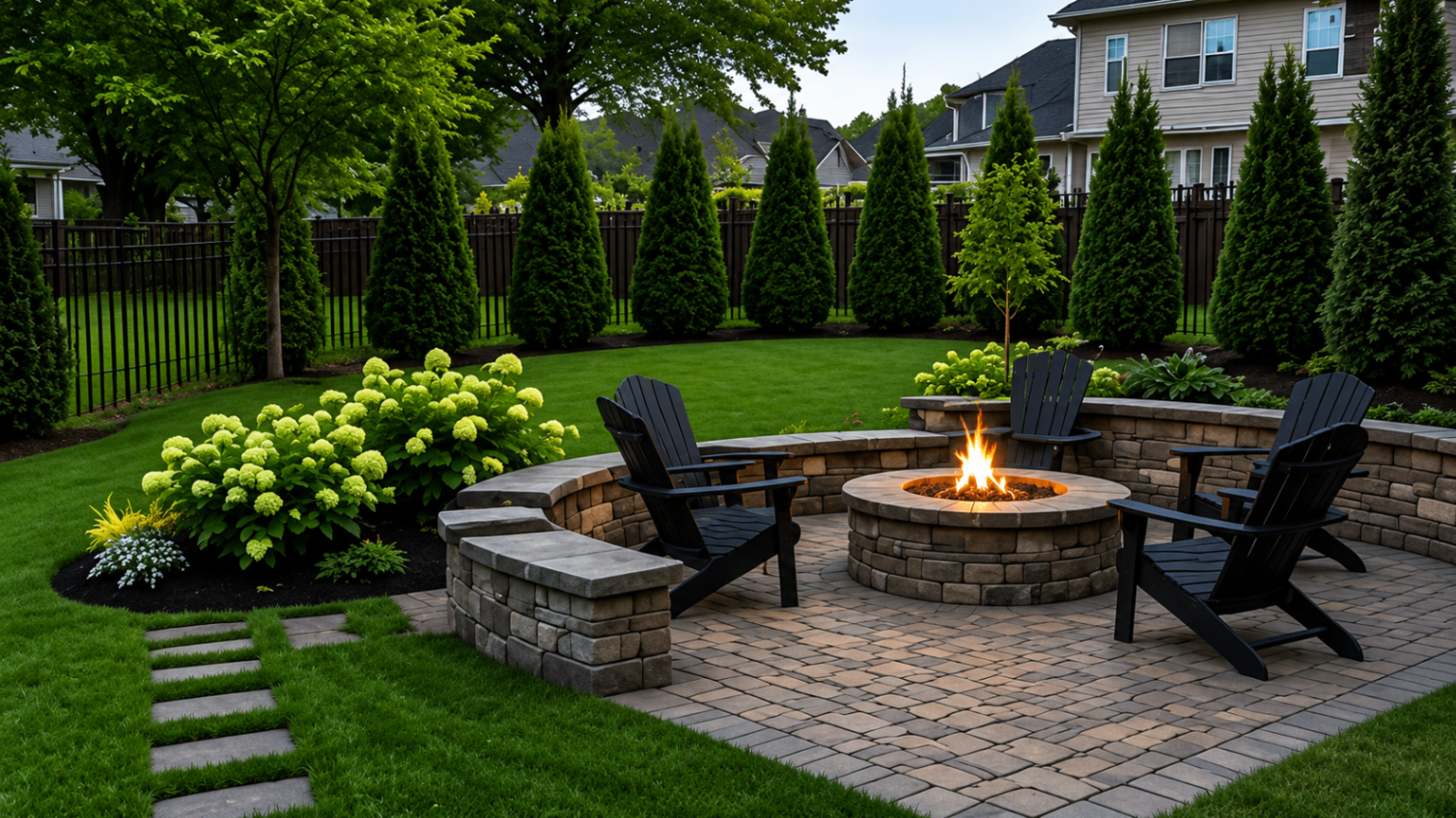 Backyard paver patio with fire pit, Adirondack chairs and privacy plantings