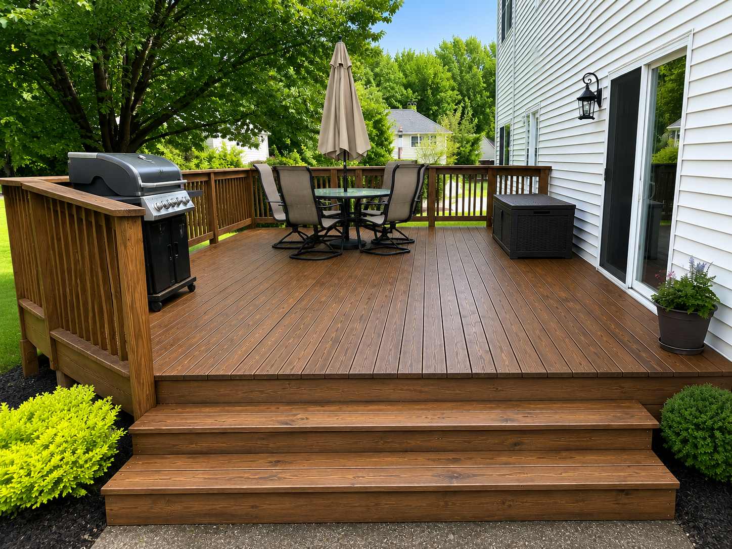 Deck after refinishing with rich stained boards in Moorestown backyard