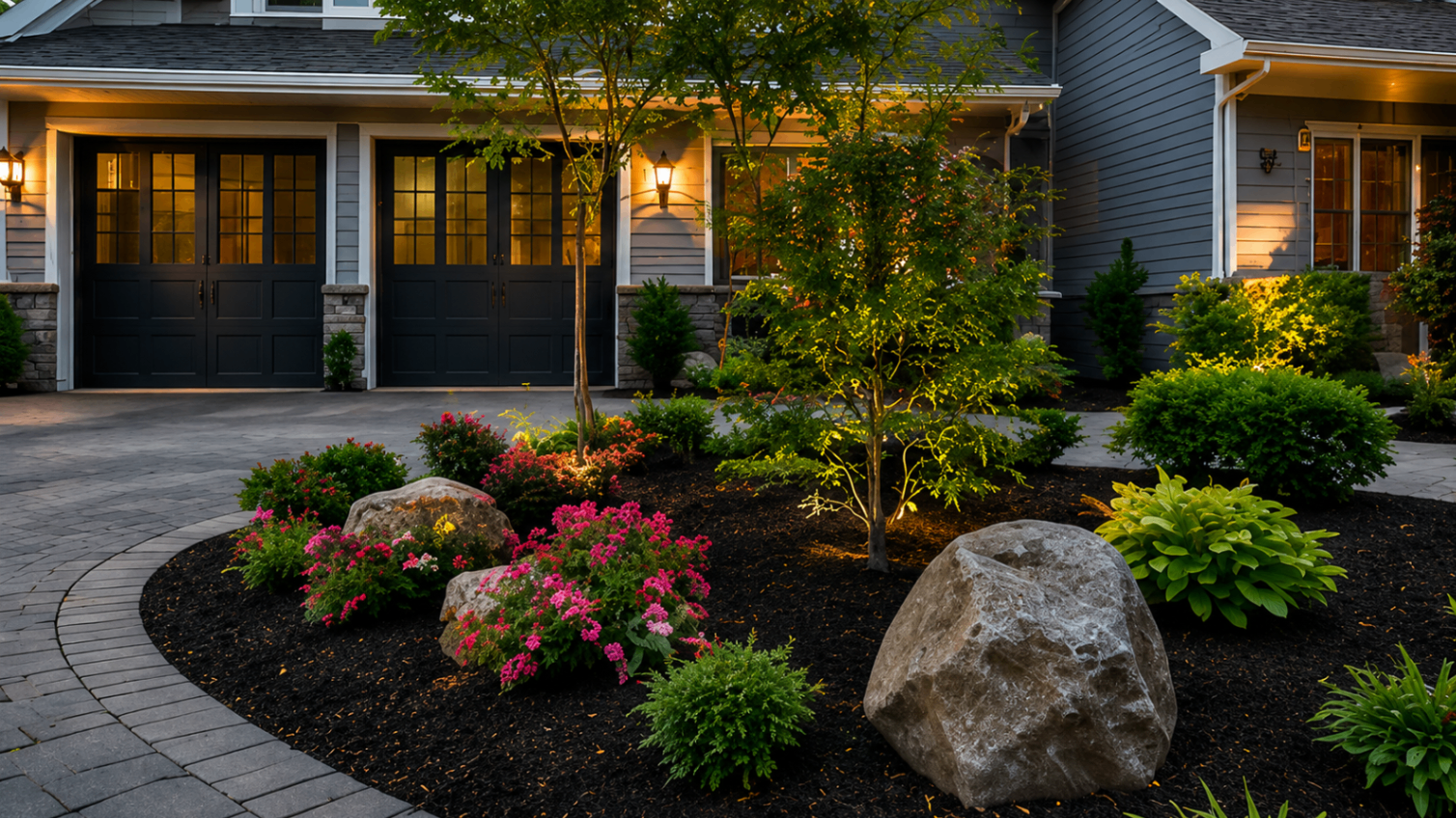 Tiered stone retaining walls with up-lit trees and lush mixed plantings