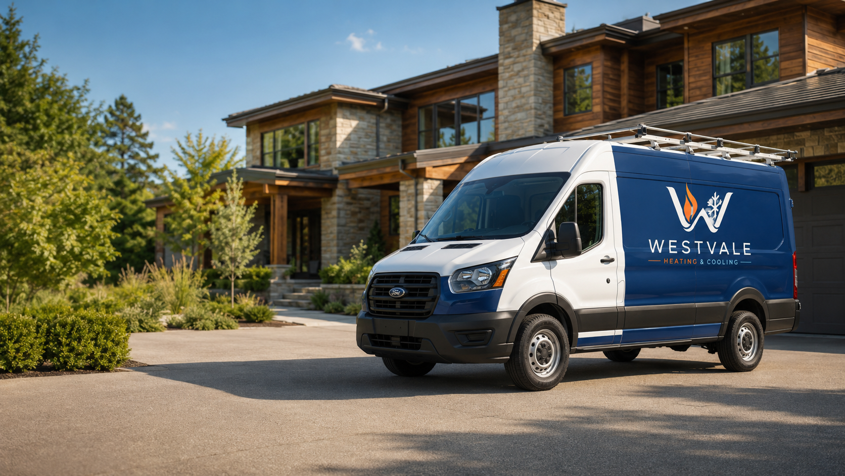 A clean Westvale Heating & Cooling service van parked in a tidy suburban Mercer County driveway