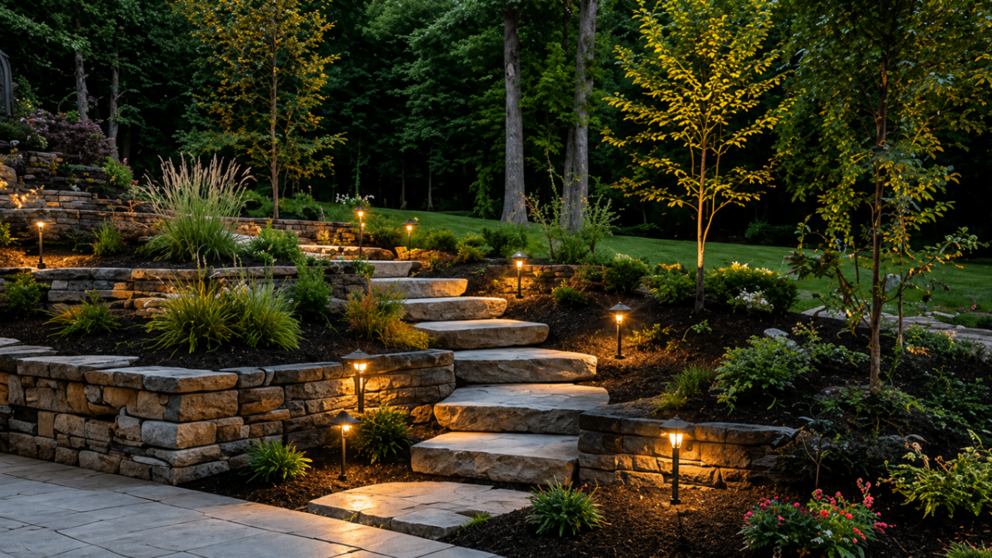 Stone-front home with manicured front-yard landscape beds and path lighting at dusk