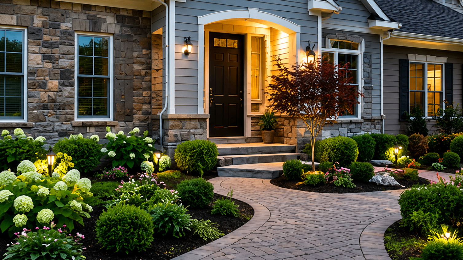 Wide striped lawn framed by mature trees and curved planting beds