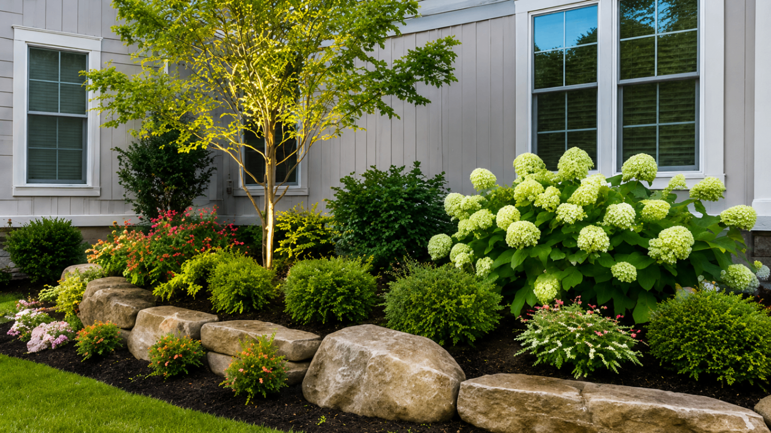 Front entry walkway lined with hydrangeas and warm landscape lighting