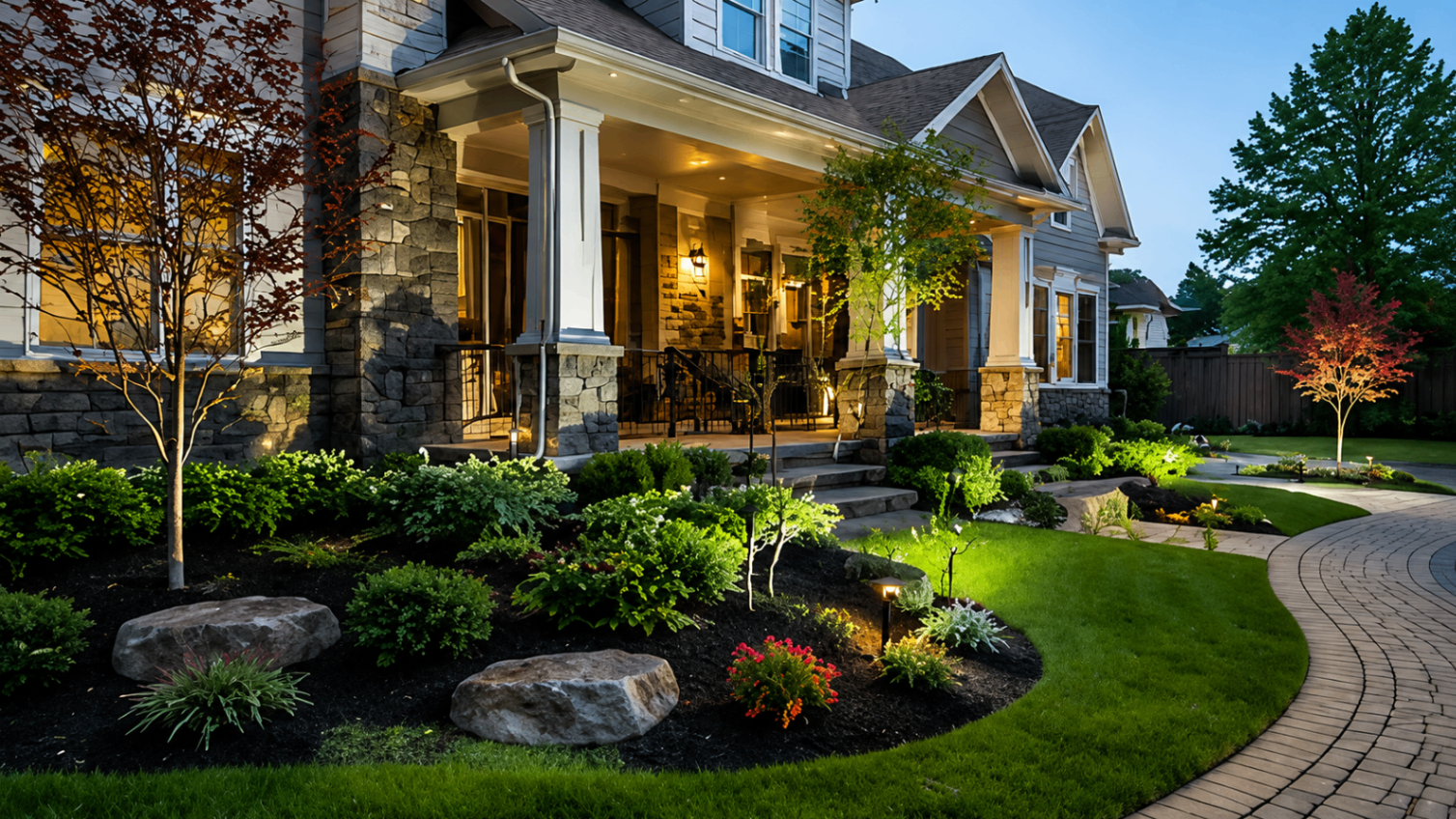 Natural stone steps winding through a tiered, lit garden at twilight