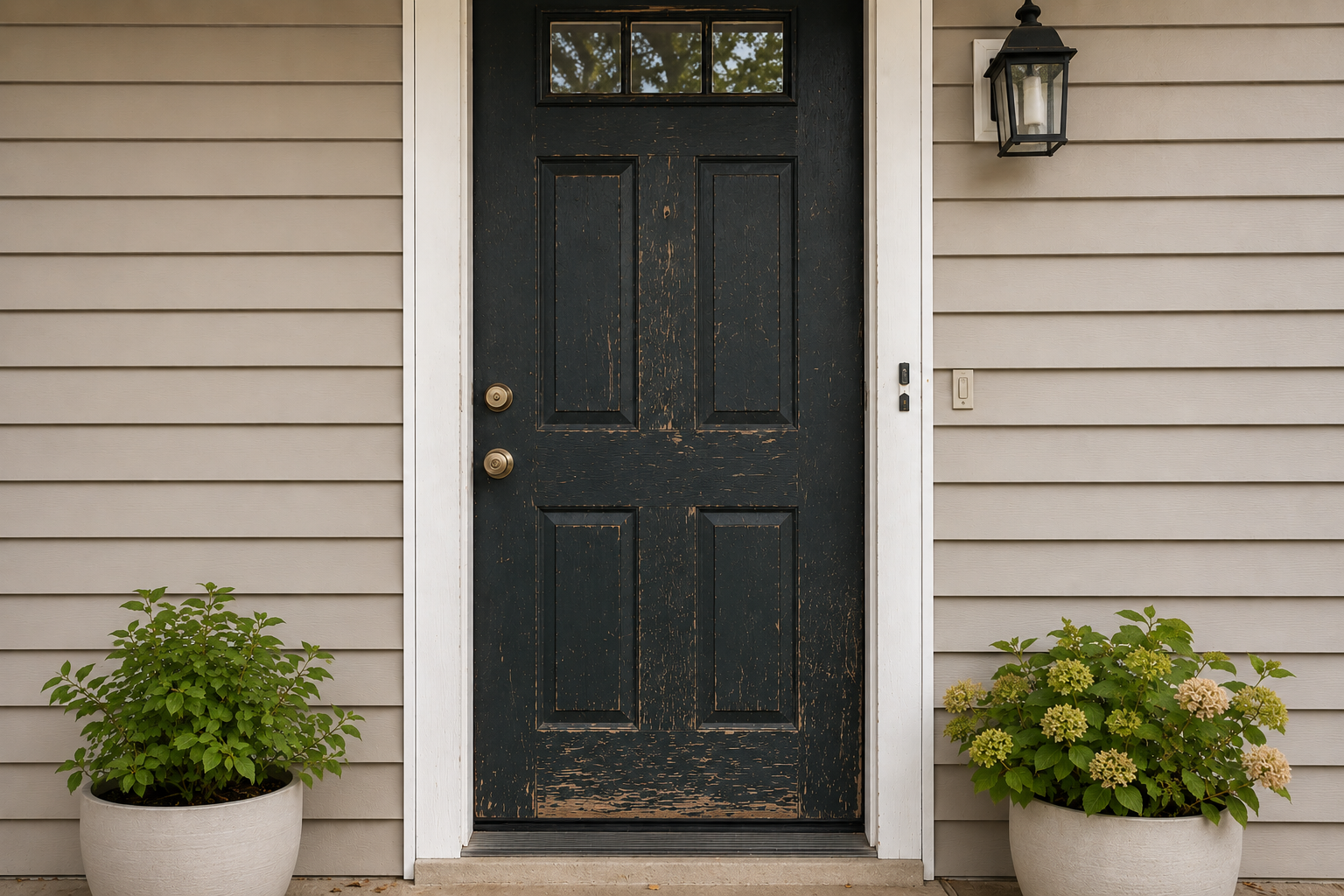 Front door before refresh with worn black paint and weathered finish in Hainesport