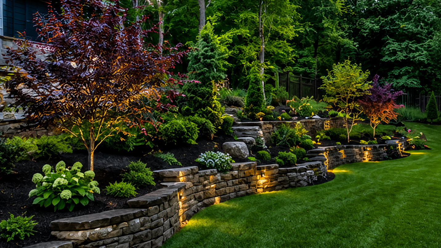 Modern paver patio with linear fire feature, lounge seating and dining set at dusk